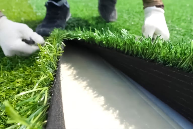 Spreading artificial turf in the stadium, rolling out rolls of lawn and leveling