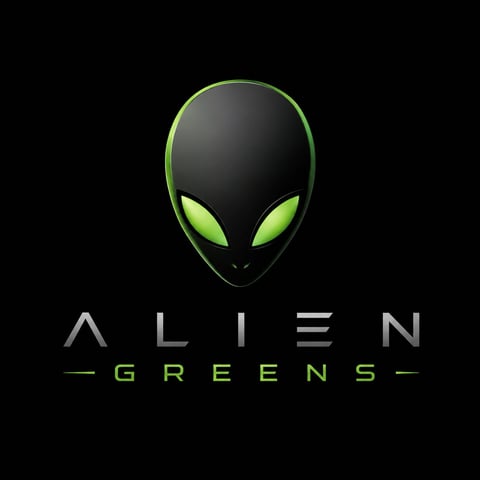 Alien Greens logo featuring a black alien head with lime green eyes and glowing green outline against black background