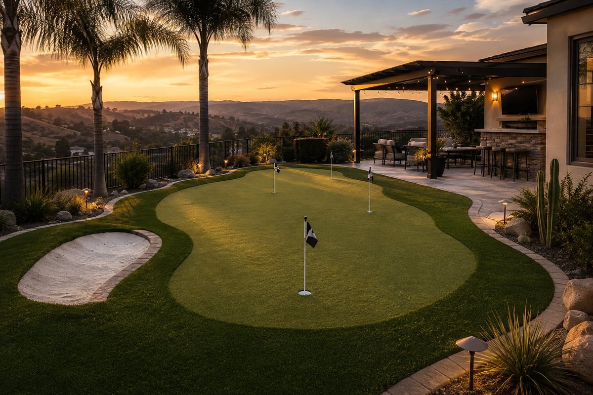 Luxury backyard putting green at sunset with palm trees, city skyline views, and elegant patio area