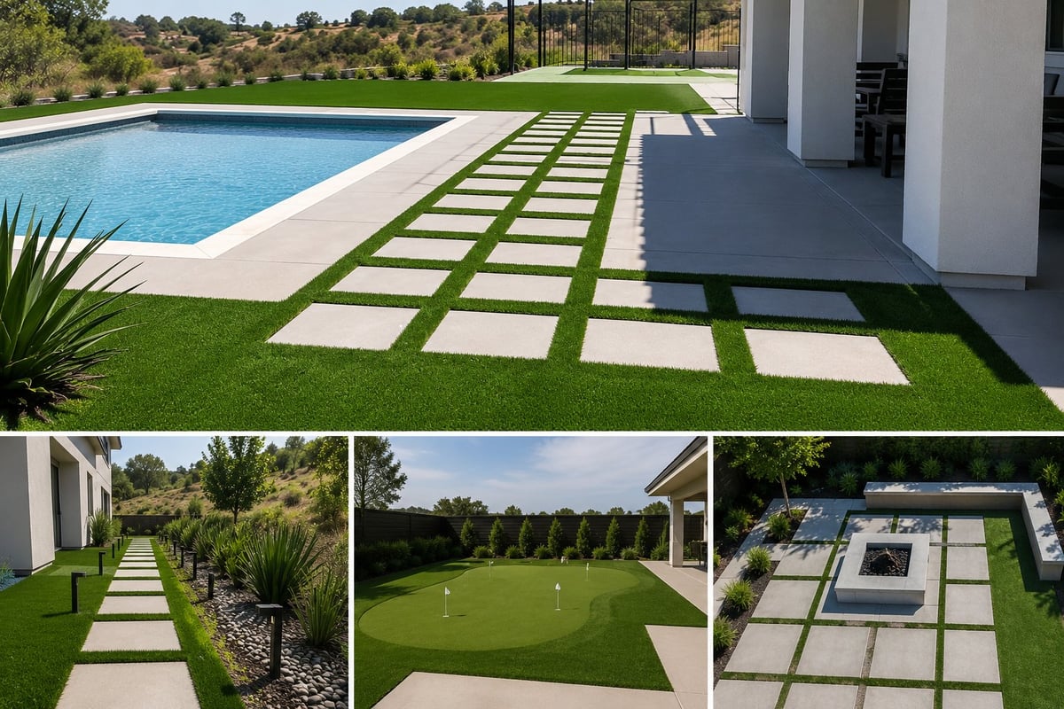 Modern home exterior with swimming pool, manicured lawn, and concrete pathway grid design across multiple angles