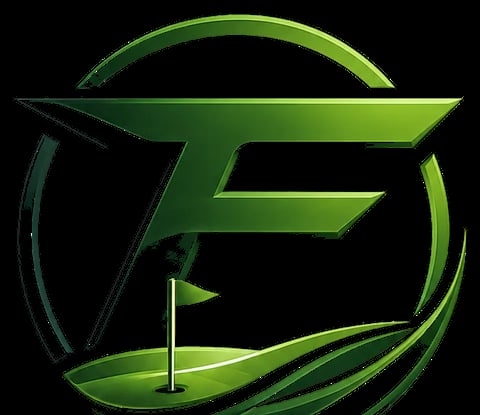 Green golf logo featuring stylized F letter with golf flag and circular swoosh design on black background