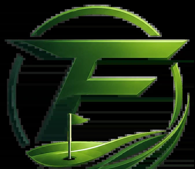 Green golf logo featuring stylized F letter with golf flag and circular swoosh design on black background
